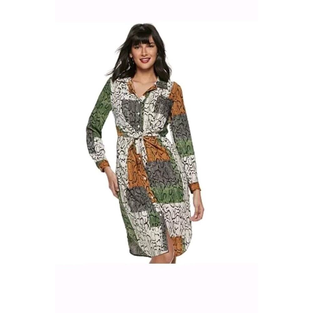 Nine West Womens Snake Print Dress L Animal Print Exotic Tie Waist Button Front